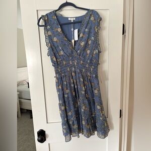 Max Studio Blue Floral V-Neck Smocked Waist Dress